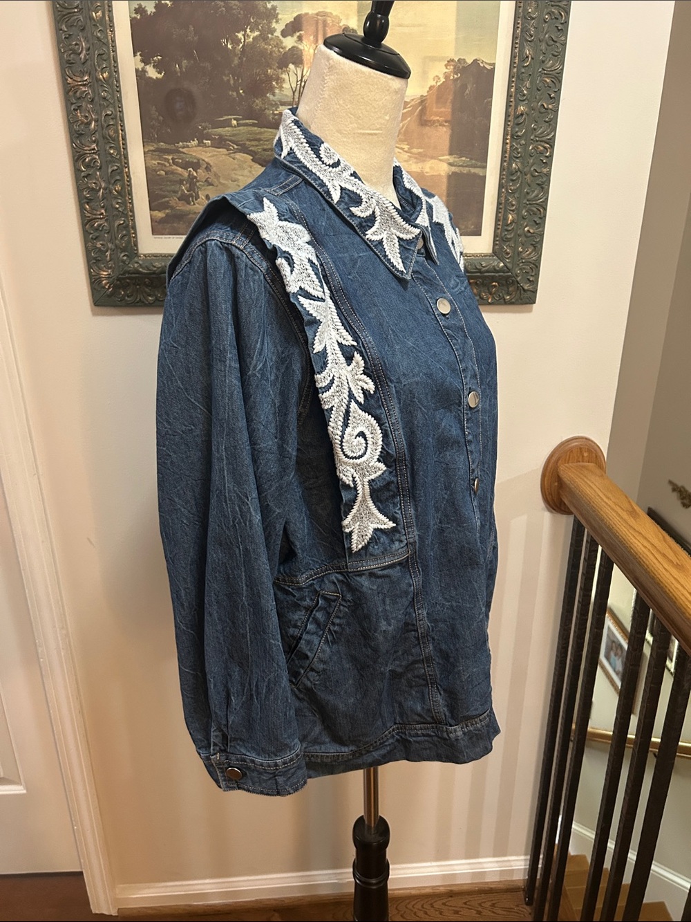 Embroidered Dark Blue Denim Jacket with White Appliqué